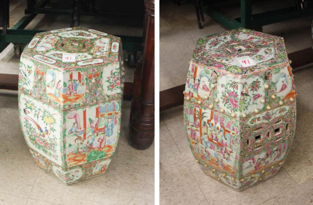 Appraisal: TWO CHINESE ROSE CANTON PORCELAIN GARDEN STOOLS hexagonal barrel form