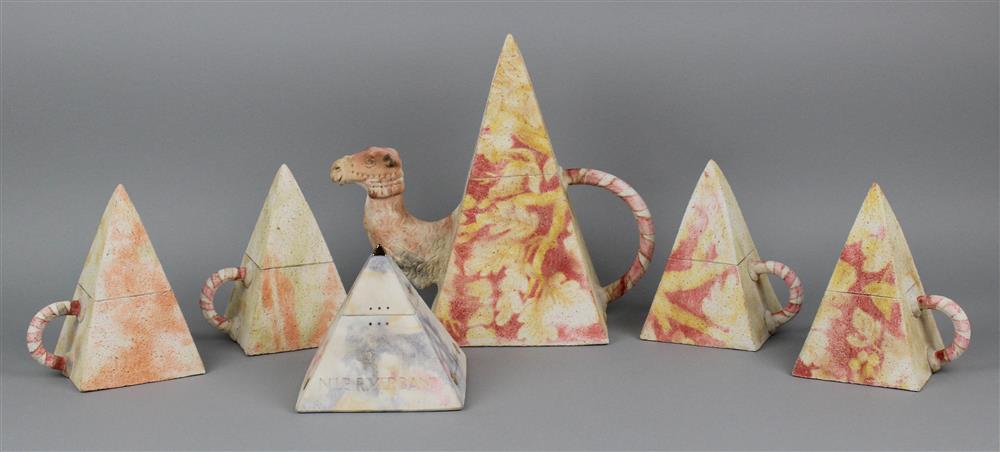 Appraisal: DAVID B WARD CERAMIC PYRAMID TEAPOT FOUR COVERED CUPS AND