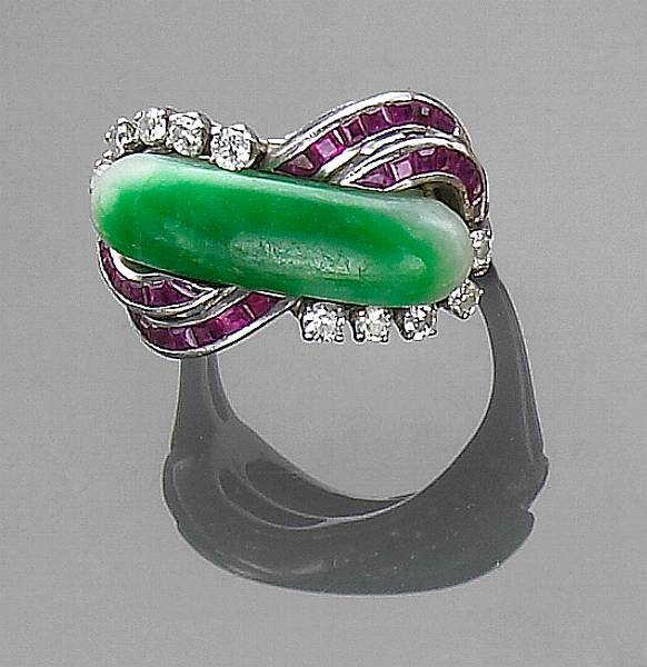 Appraisal: A diamond ruby and jade ring