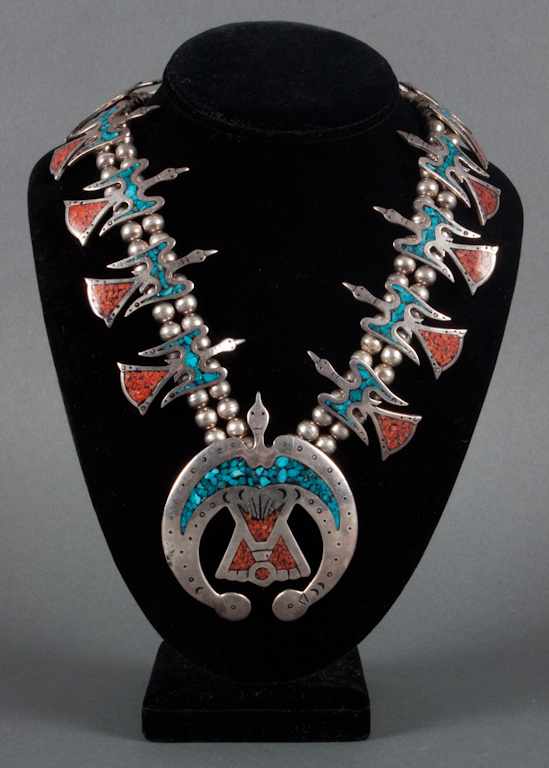 Appraisal: Sterling silver coral and turquoise mosaic thunderbird motif necklace approximately