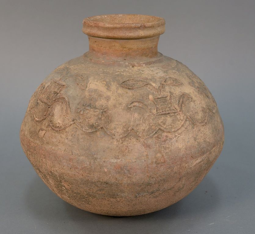 Appraisal: Earthenware pot with embossed designs ht in dia in Earthenware