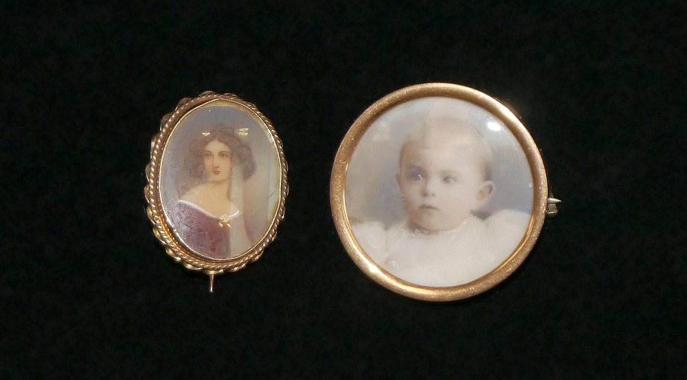 Appraisal: VICTORIAN k GOLD MINIATURE PORTRAIT PINS Hand painted portrait of