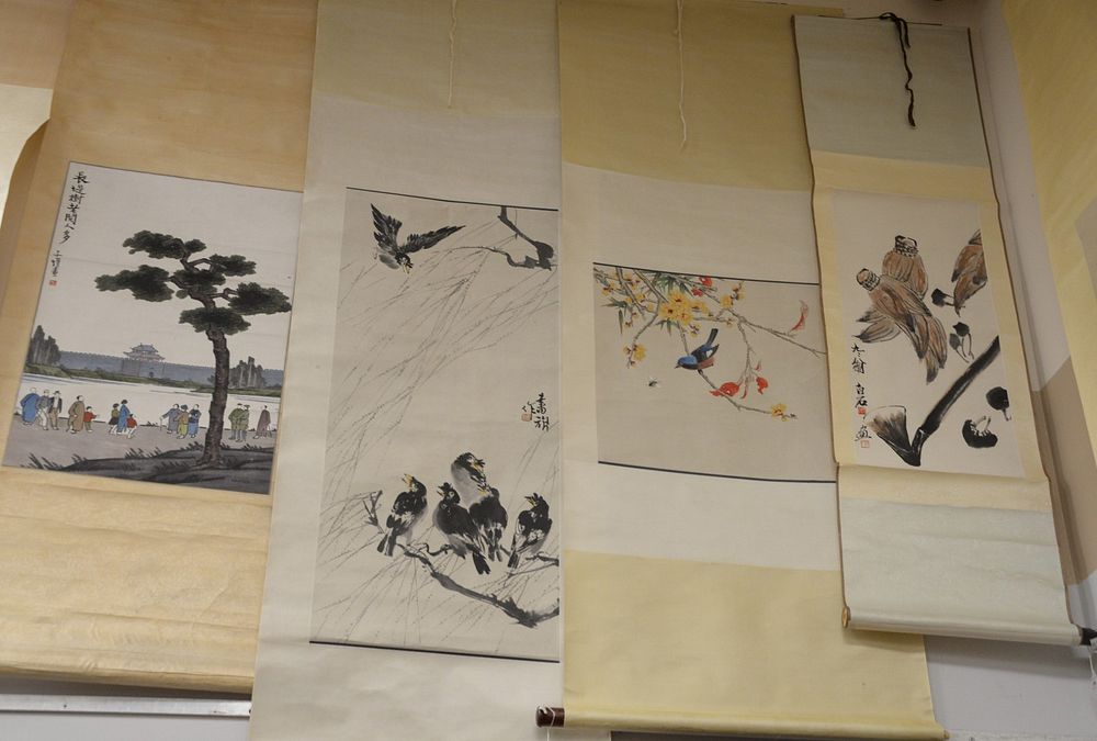 Appraisal: Six Oriental Scrolls to include watercolor Falcon tied to tree