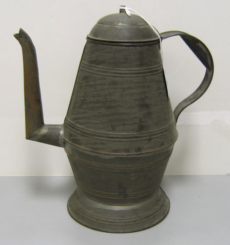 Appraisal: TH CENTURY TIN COFFEE POT The conical form banded coffee