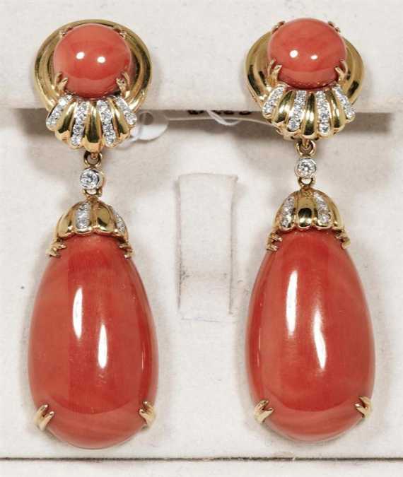 Appraisal: CORAL AND BRILLIANT-CUT DIAMOND PENDANT EARRINGS Yellow gold Elegant clip