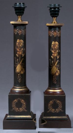 Appraisal: Pair of French Black-and-Gold Tole Peinte Columnar Table Lamps in