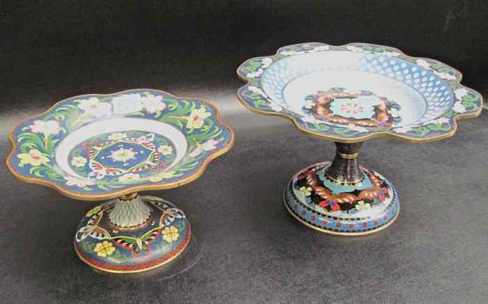 Appraisal: TWO CHINESE CLOISONNE PEDESTAL BOWLS each with floral and butterfly