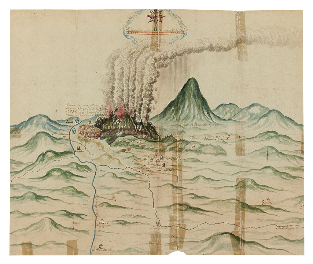 Appraisal: GUATEMALA Manuscript map depicting the eruption of the Almolonga volcano