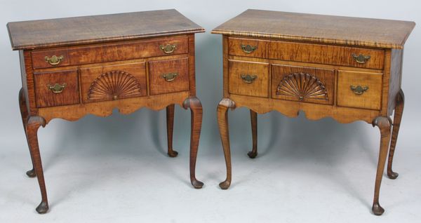 Appraisal: Pair of important Queen Anne tiger maple lowboys labeled 'Made