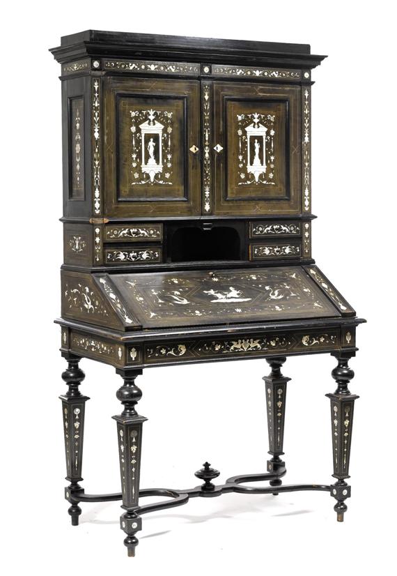 Appraisal: BUREAU CABINET WITH SUPERSTRUCTURE Baroque style Black stained wood inlaid