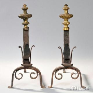 Appraisal: Pair of Gilt-brass and Wrought Iron Andirons probabaly England late