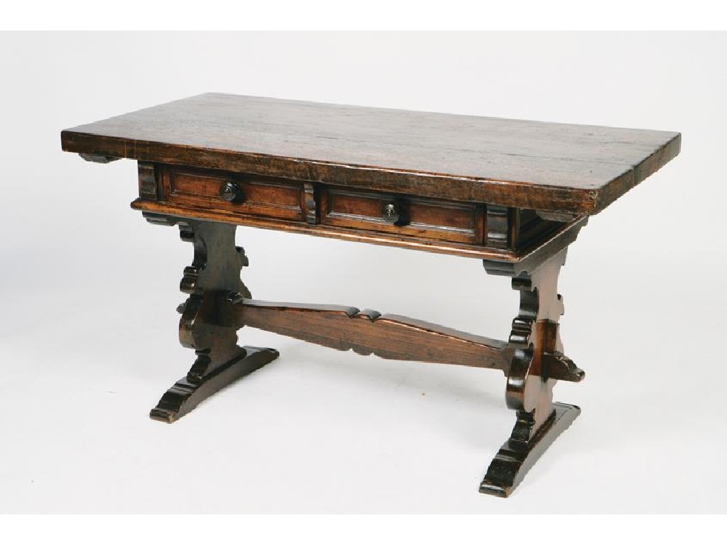 Appraisal: A TUSCAN WALNUT CENTRE TABLE the rectangular two plank top