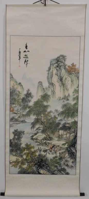 Appraisal: JAPANESE MOUNTAIN LANDSCAPE HANGING WALL SCROLL Japan Detailed trees and