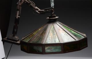 Appraisal: Mission Style Hanging Lamp Green glass inserts Nice style Excellent