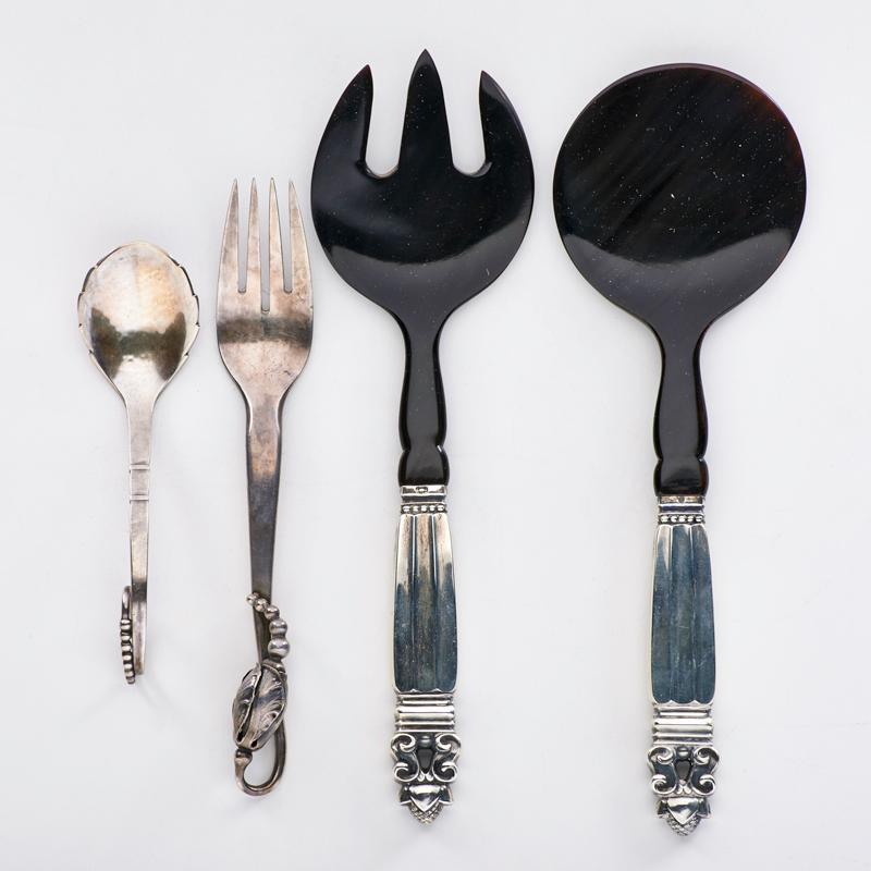 Appraisal: GEORG JENSEN Four Danish sterling utensils Acorn two-piece salad servers