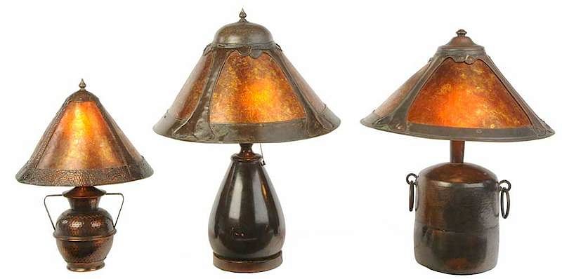 Appraisal: Three Arts and Crafts Copper Bronze Mica Lamps American early