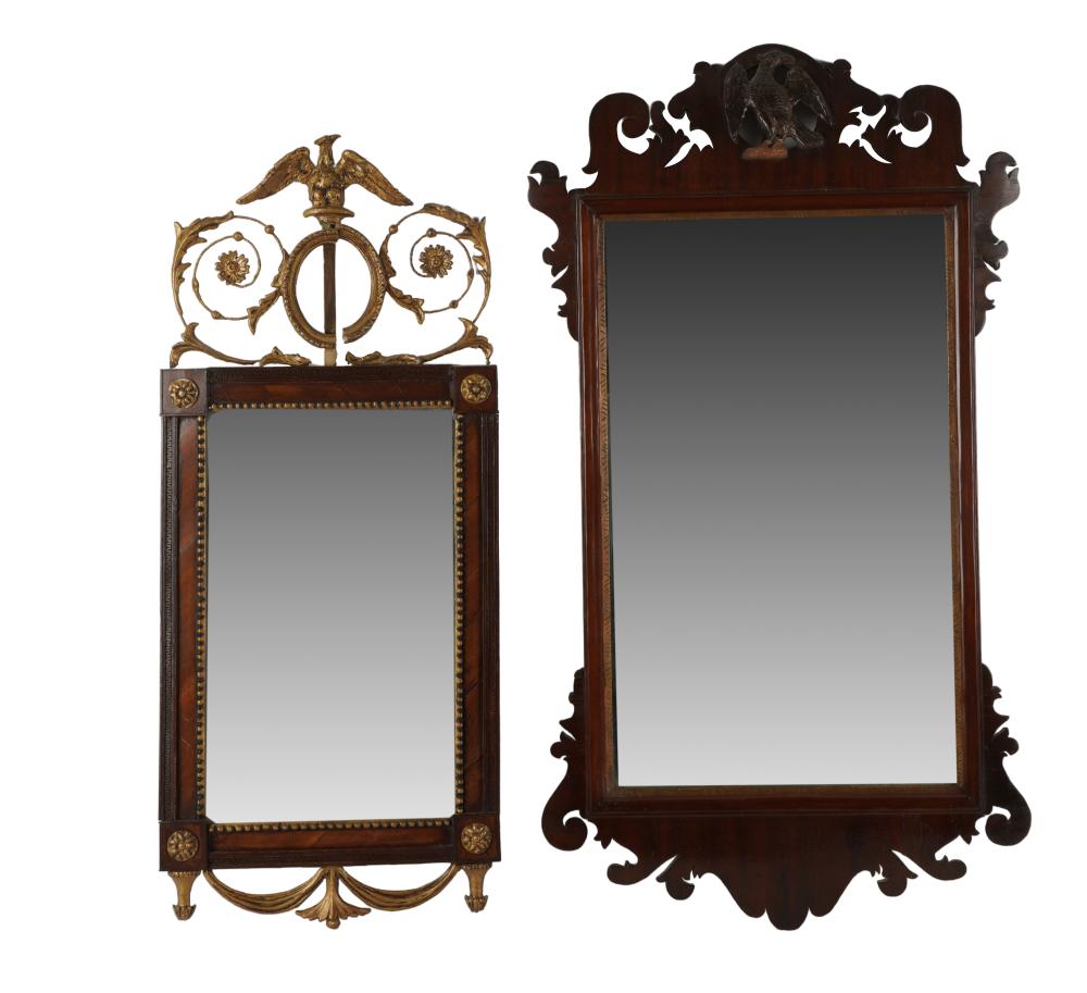 Appraisal: TWO MAHOGANY WALL MIRRORSthe smaller mirror with gilt decoration x