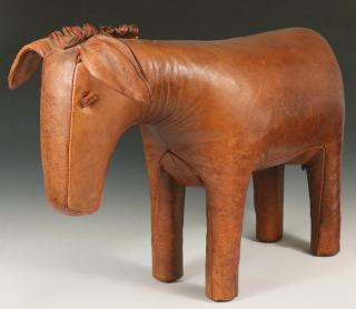 Appraisal: ABERCROMBIE FITCH LEATHER DONKEY FOOTSTOOL Vintage Pieced Cowhide Sculpture Depicting