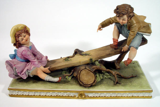 Appraisal: Hand painted Capo-di-Monte figure group of children on a seesaw