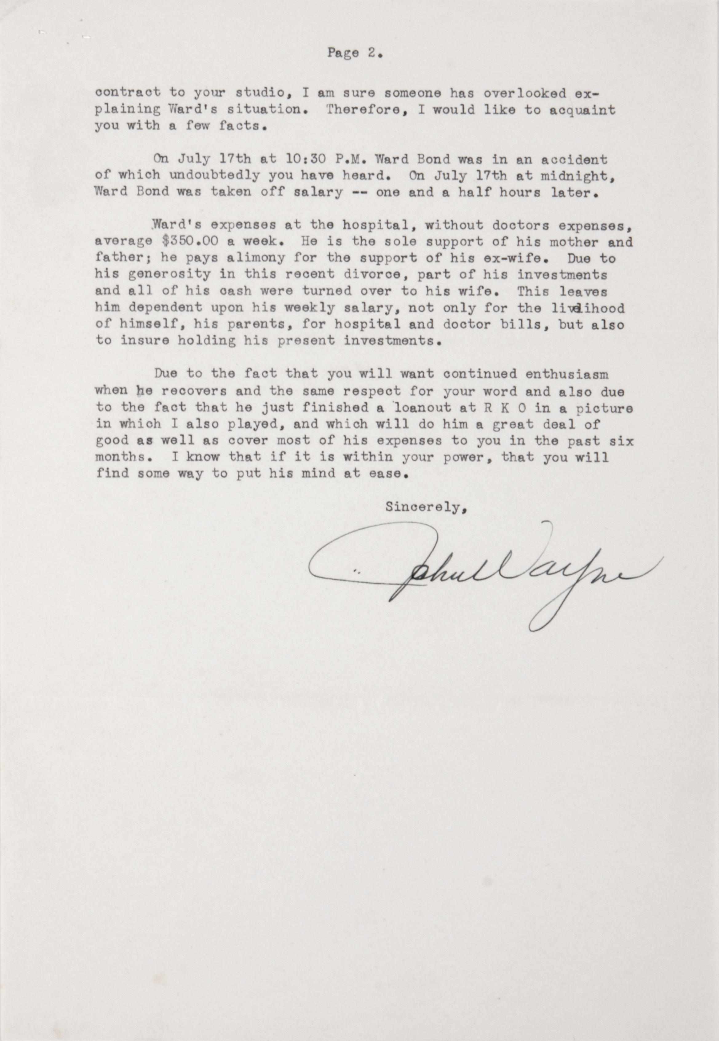 Appraisal: WAYNE JOHN - WAYNE WRITES LOUIS B MAYER ON BEHALF