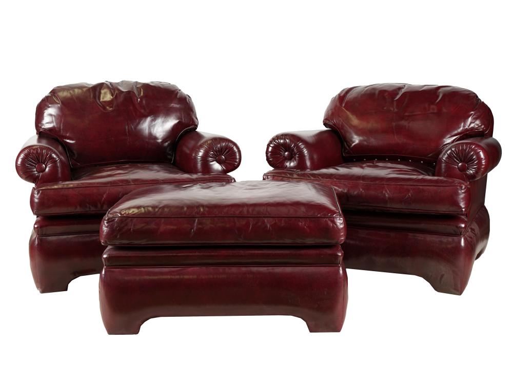 Appraisal: PAIR OF DONGHIA CLUB CHAIRS ONE OTTOMANred leather manufacturer's label