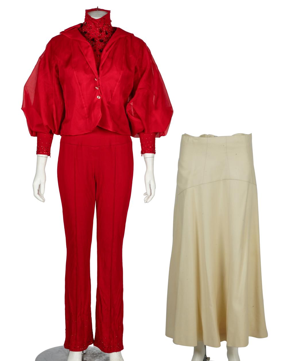 Appraisal: CAROL CHANNING RED JUMPSUIT CREAM WOOL SKIRTthe red jump suit