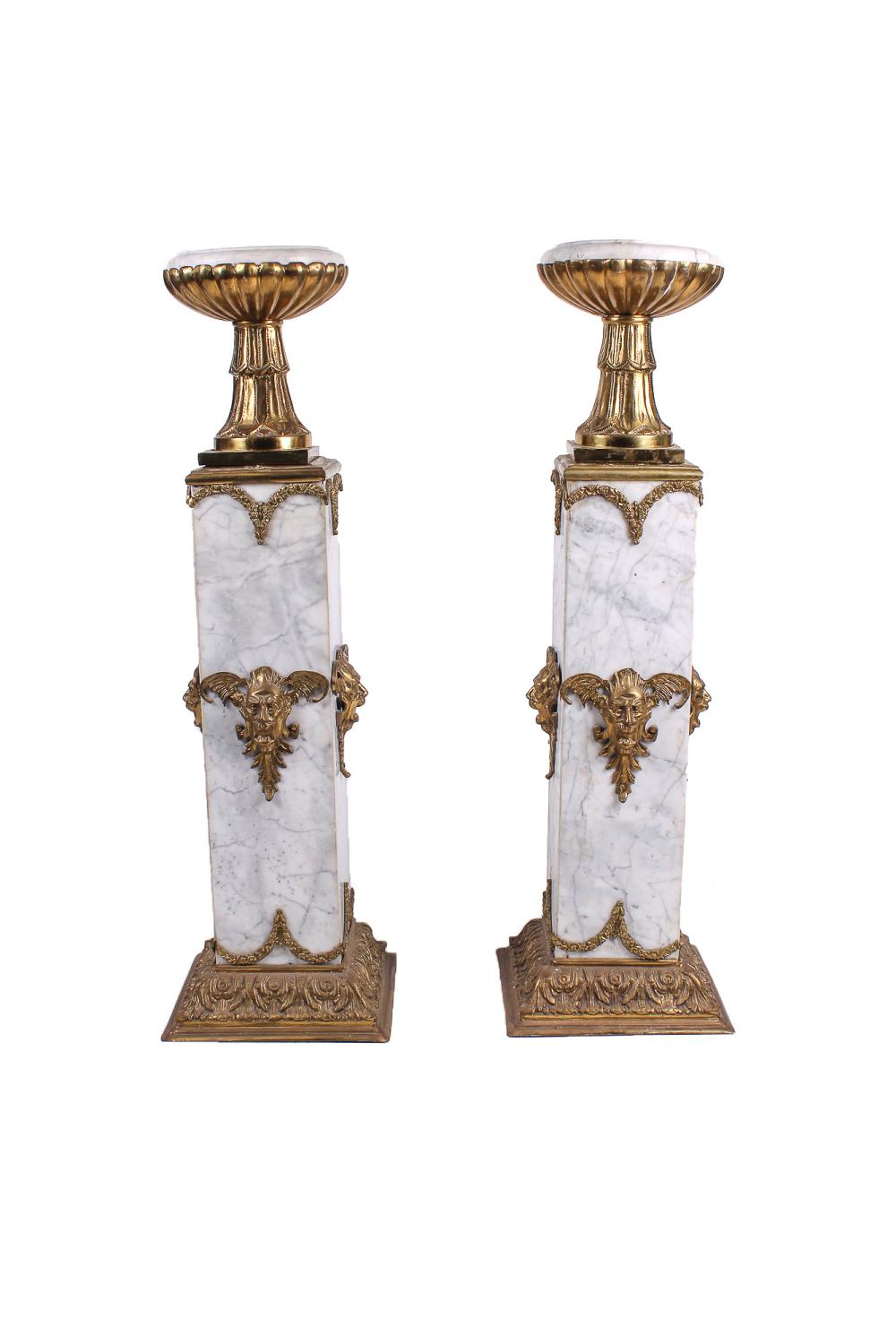 Appraisal: PAIR OF MARBLE GILT BRONZE PEDESTAL PLANTERSwith grotesque mounts to