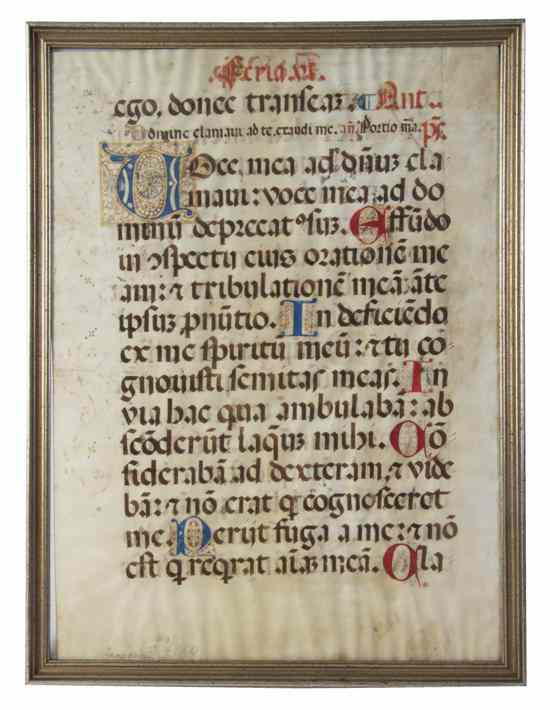 Appraisal: An Illuminated Manuscript on Vellum framed Height x width inches