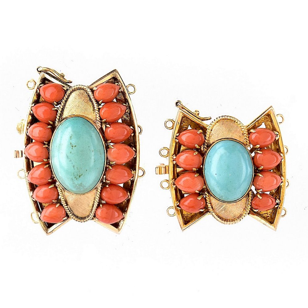 Appraisal: Two Coral Turquoise and K Gold Clasps Two Vintage Red