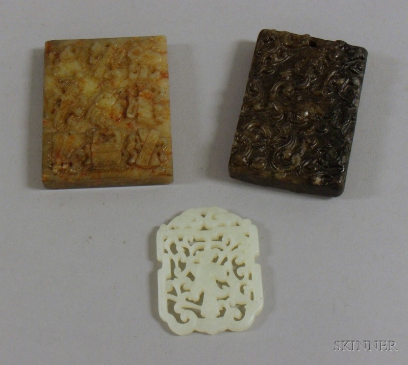 Appraisal: Three Jade and Hardstone Pendants two rectangular pendants and a