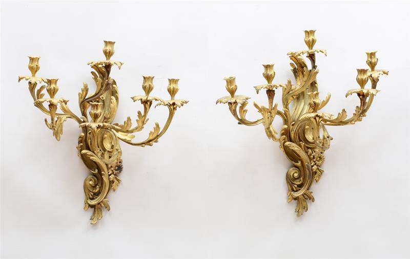 Appraisal: PAIR OF LOUIS XV STYLE GILT-METAL SIX-LIGHT SCONCES Each tiered