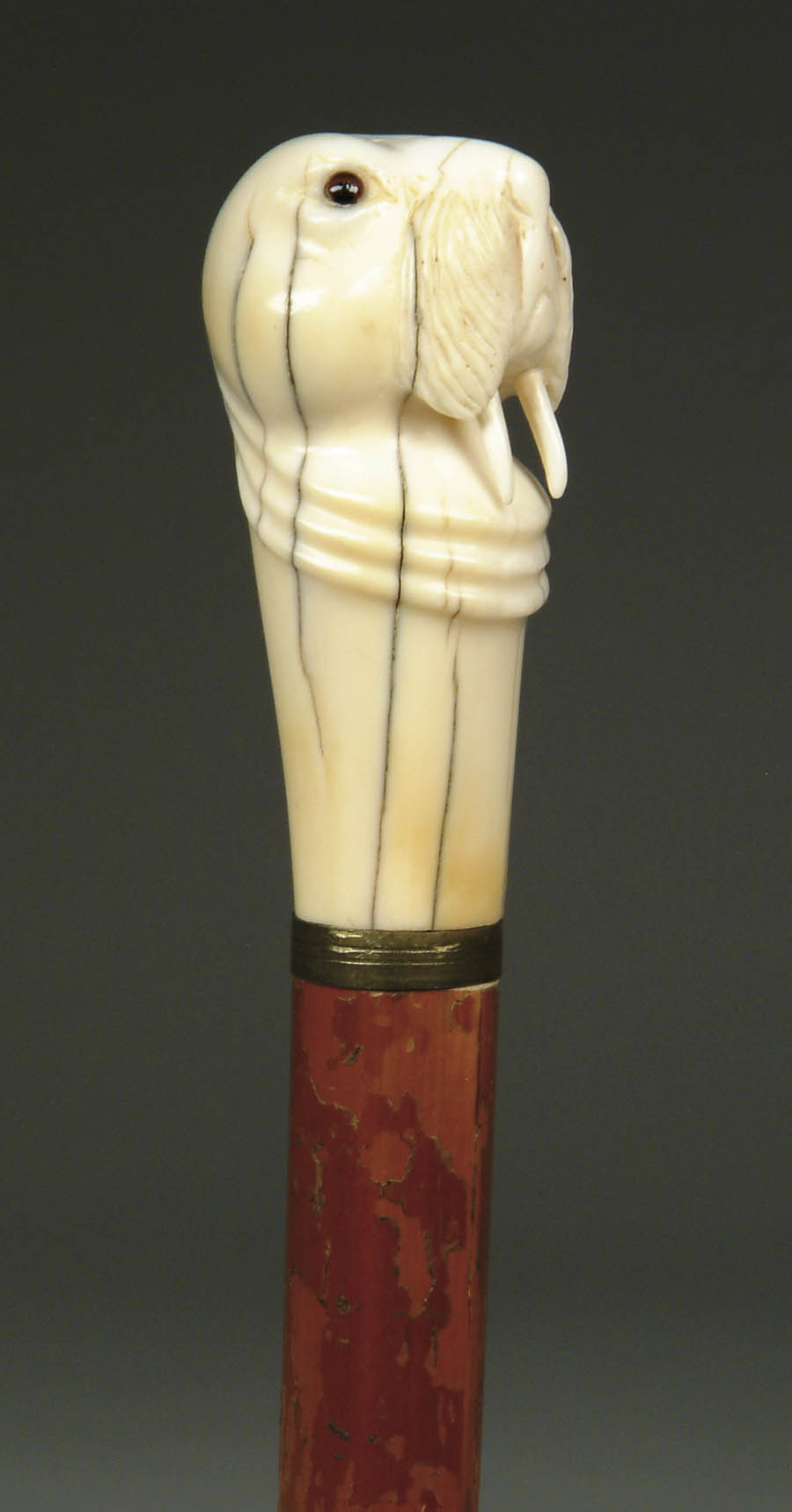 Appraisal: RARE CARVED ELEPHANT IVORY WALRUS CANE Handle depicts a glass