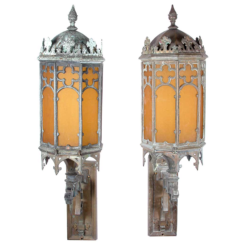 Appraisal: Pair of Gothic Style Bronze and Glass Outdoor Light Fixtures