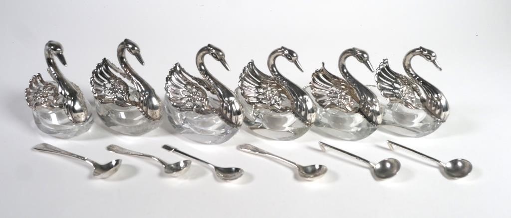 Appraisal: Full set of six elegant sterling silver and crystal swan