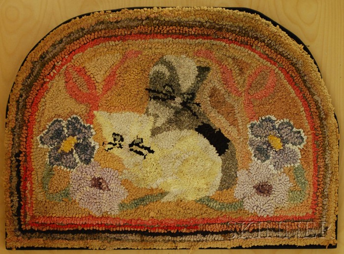 Appraisal: Floral Hooked Rug with Two Cats America early to mid-