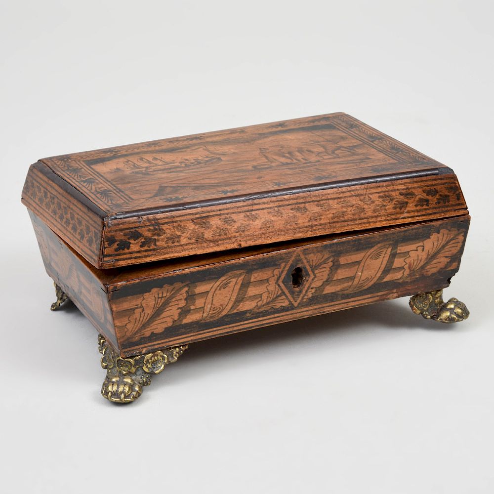 Appraisal: English Penwork Table Casket Decorated with figures in a seascape