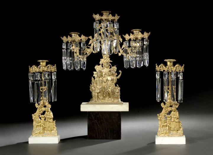 Appraisal: American Gilt-Lacquered Brass Marble and Cut Glass Girandole mid- th