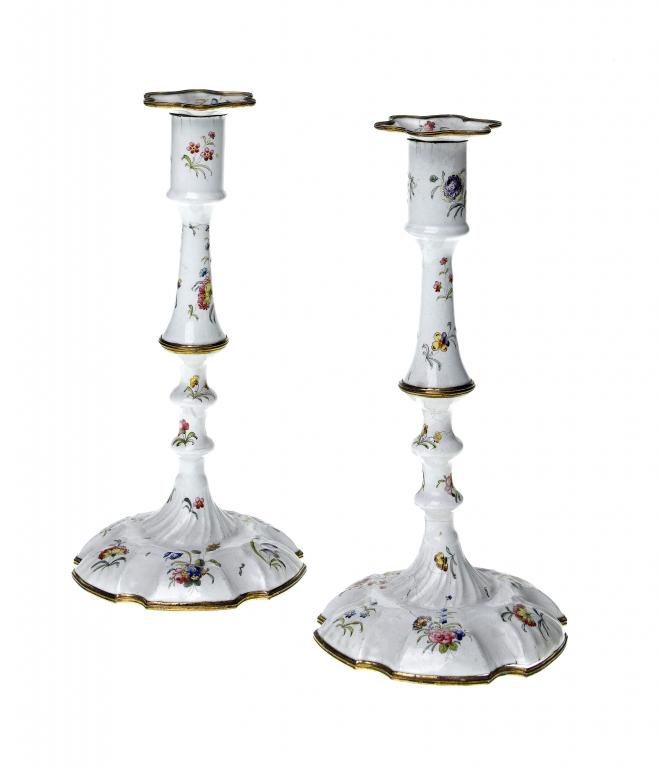 Appraisal: A PAIR OF GEORGE III SOUTH STAFFORDSHIRE ENAMEL CANDLESTICKS with