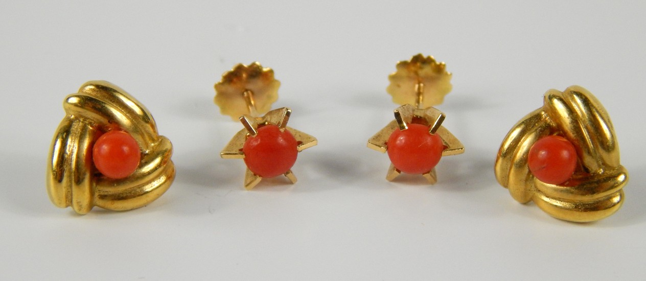 Appraisal: A pair of ct gold and coral ear studs of