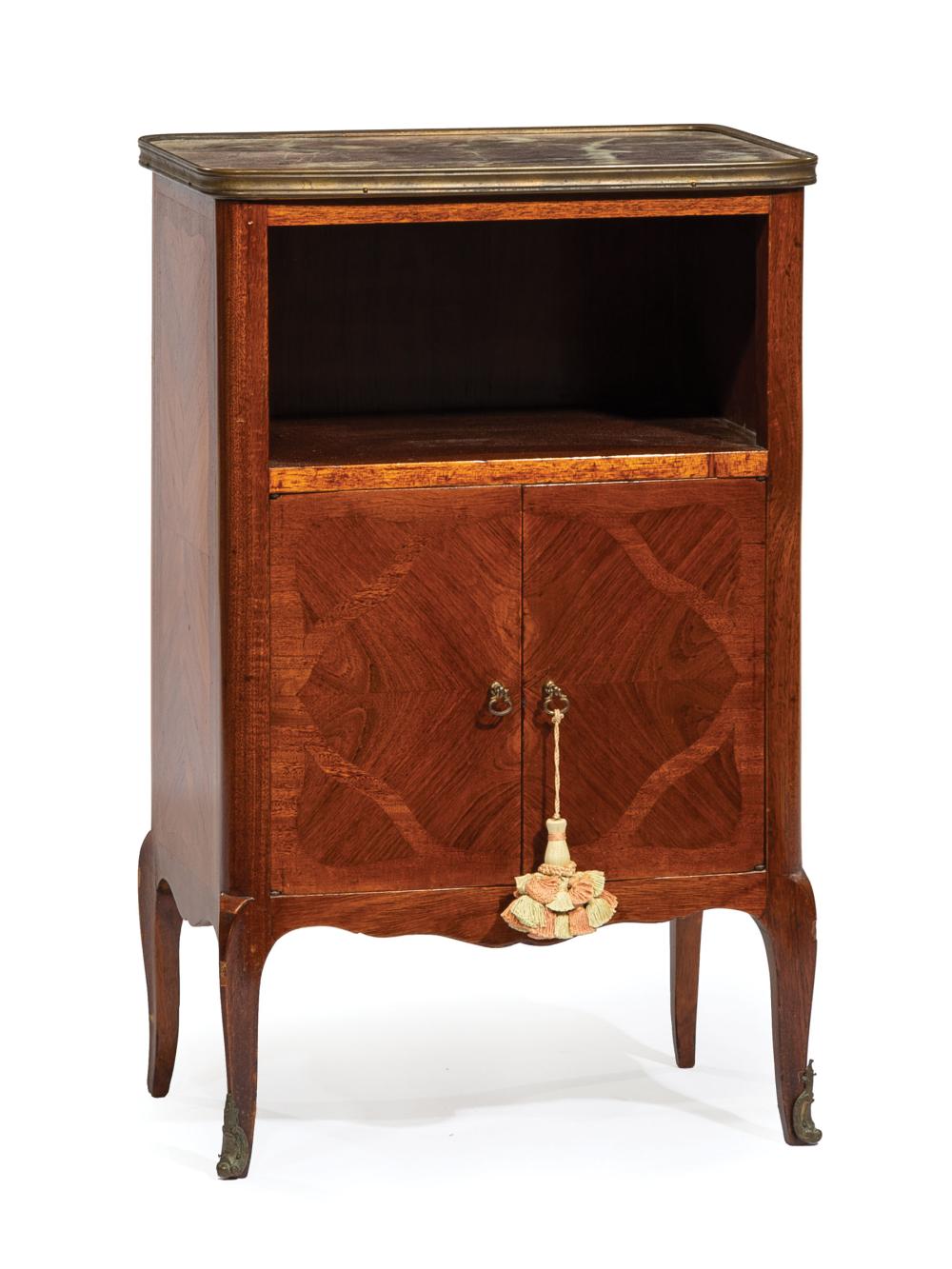 Appraisal: Antique Parquetry and Breche Violette Marble Side Cabinet brass banded