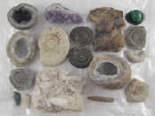 Appraisal: A box of geological specimens and fossils including amethyst and