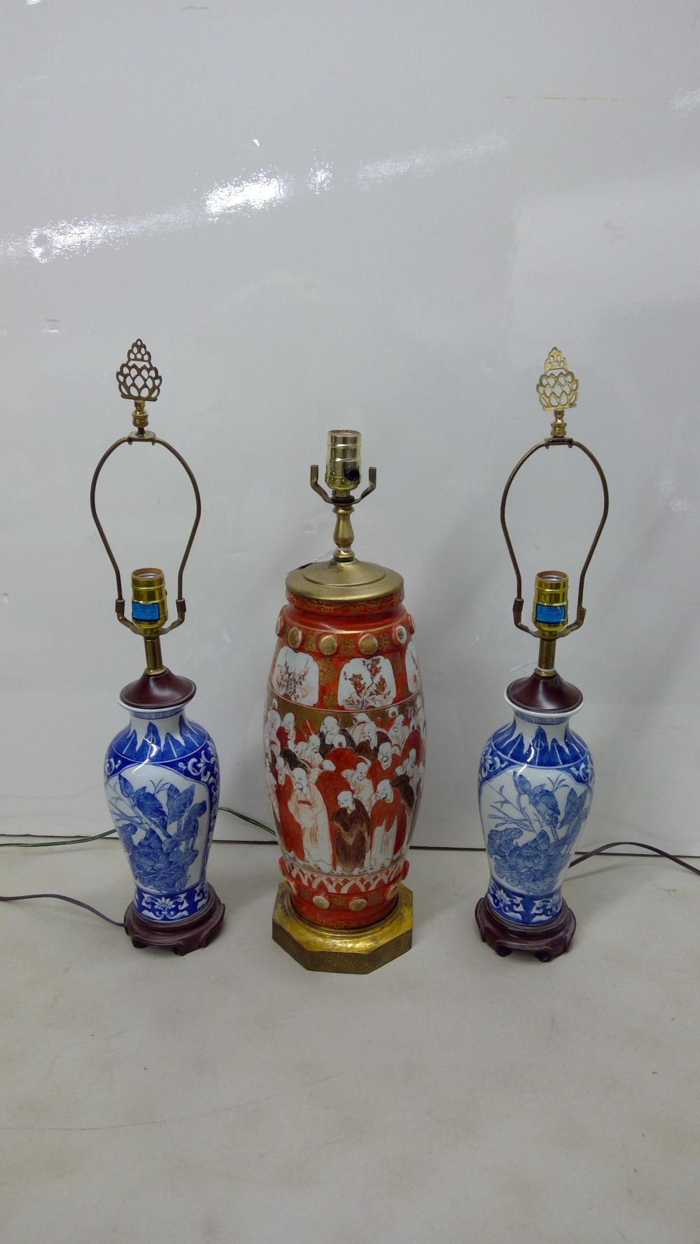 Appraisal: Kutani 'Immortals' Vase mounted Lamp and Pair Chinese Blue and