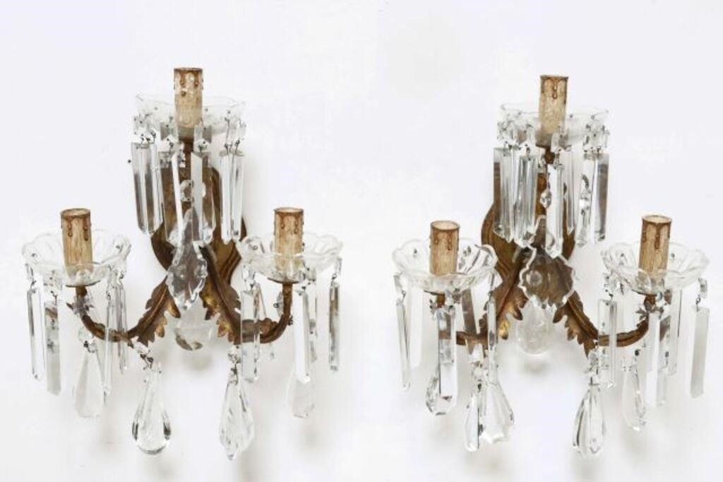 Appraisal: pair Italian gilt metal and crystal three-light wall sconces th