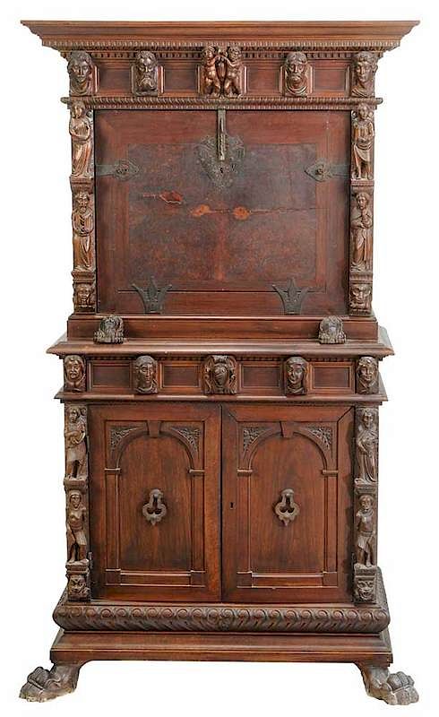 Appraisal: Renaissance Style Carved Fall Front Cabinet Continental late th century