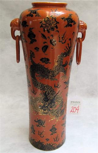 Appraisal: CHINESE HAND PAINTED PORCELAIN VASE double ringed with black dragons