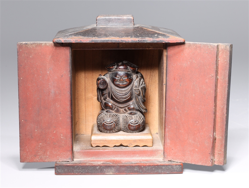 Appraisal: Antique Japanese carved wood zushi shrine with figure to interior