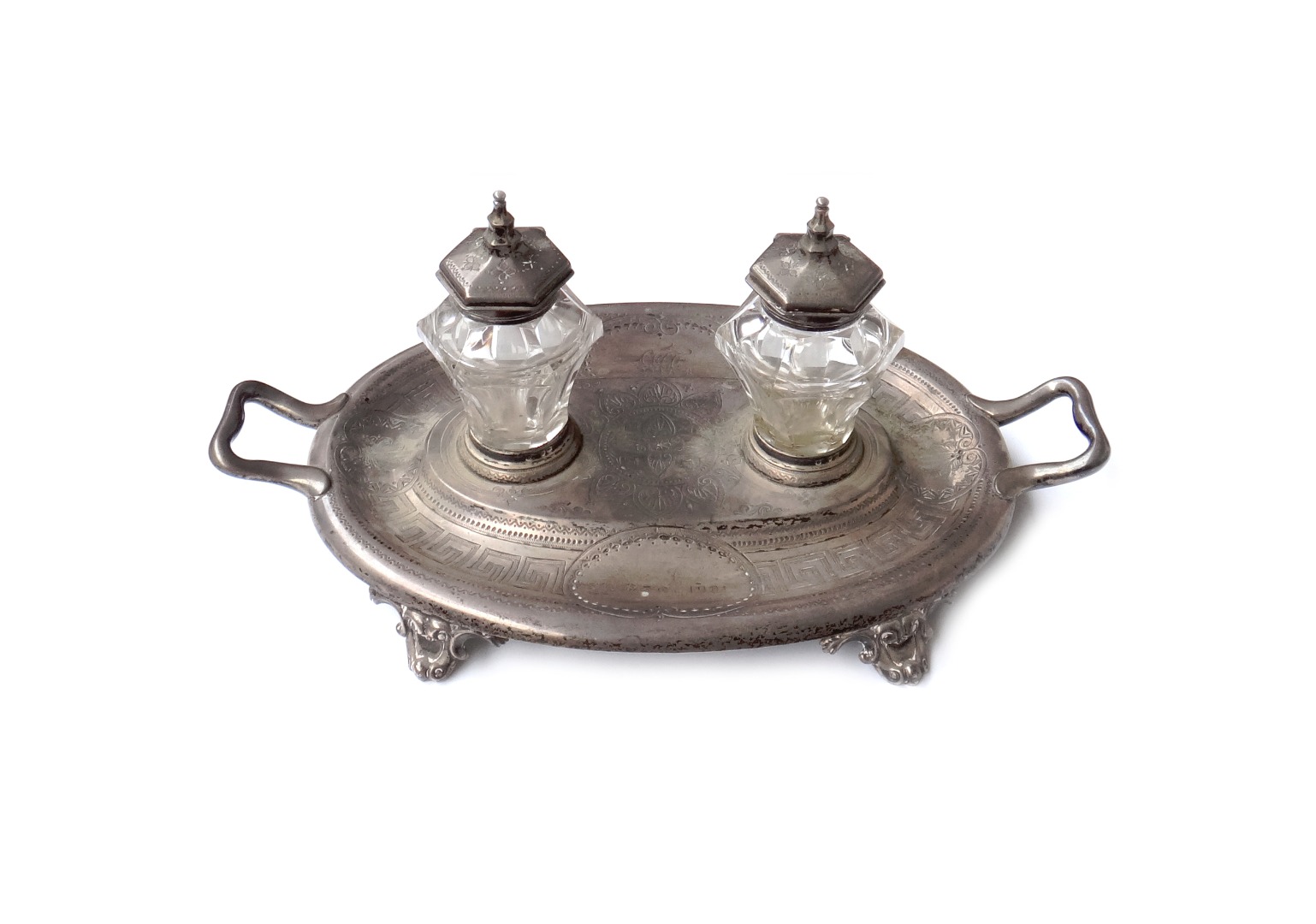 Appraisal: A Victorian silver twin handled twin bottle inkstand of oval