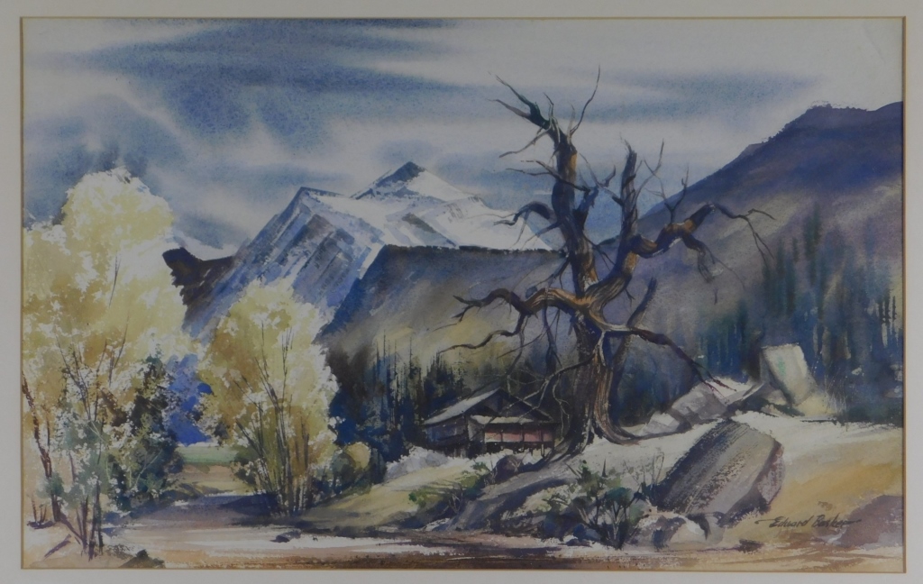 Appraisal: EDWARD BASKER MOUNTAIN CABIN LANDSCAPE PAINTING Edward BaskerIndiana - Spring