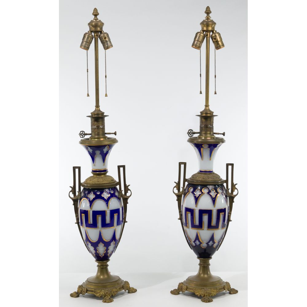 Appraisal: THOMAS ABBOTT GLASS AND BRONZE TABLE LAMPSPair of neoclassical style