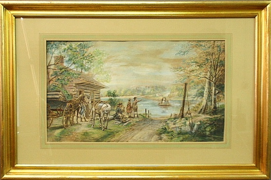 Appraisal: - Framed and matted watercolor of a ferry crossing initialed